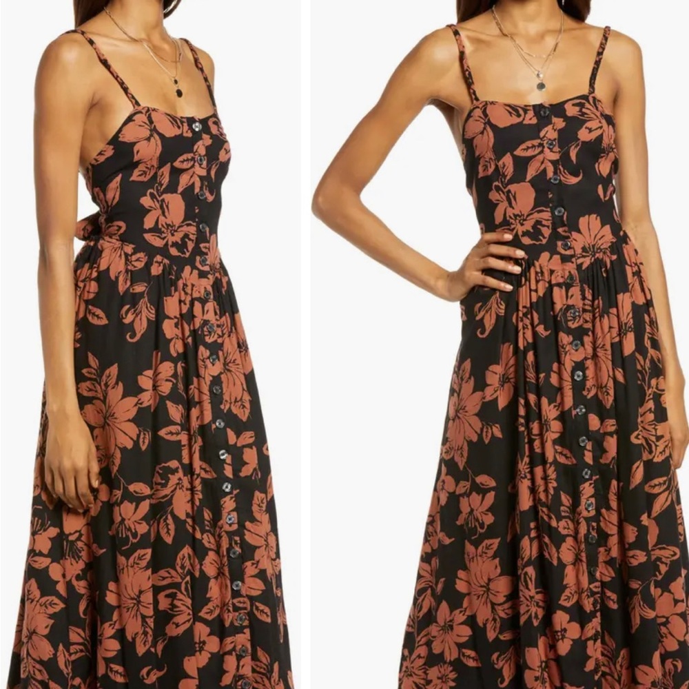 Free people the perfect floral midi dress brown black S Small EUC linen